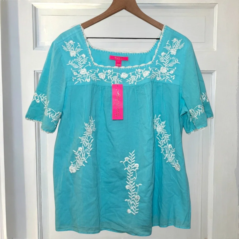 Lilly Pulitzer Tamryn Top Blue Ibiza Women's L Embroidered Cotton Blouse New - Picture 2 of 9